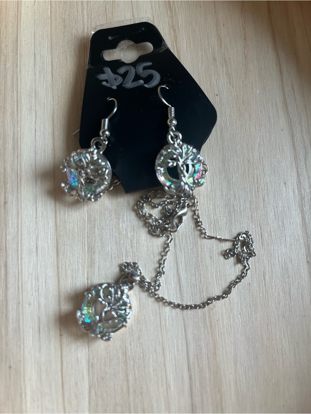 Tree Of Life Silver Tone Sparkle Dangle Earrings & Necklace Set